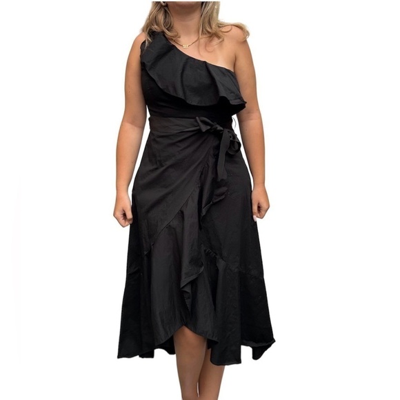 Haute rouge designed in New York ruffle wrap black dress one shoulder - Picture 1 of 9